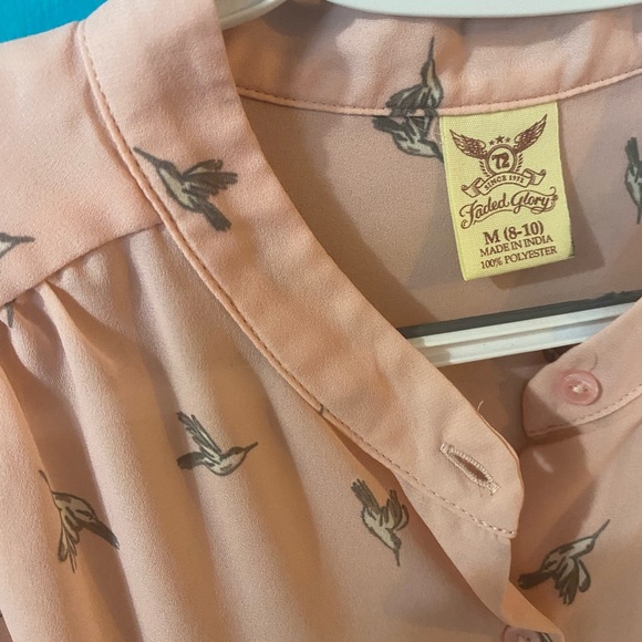 Pink Blouse with Bird Pattern - Lightweight- Balletcore - Girly Moto Collar - Picture 7 of 9